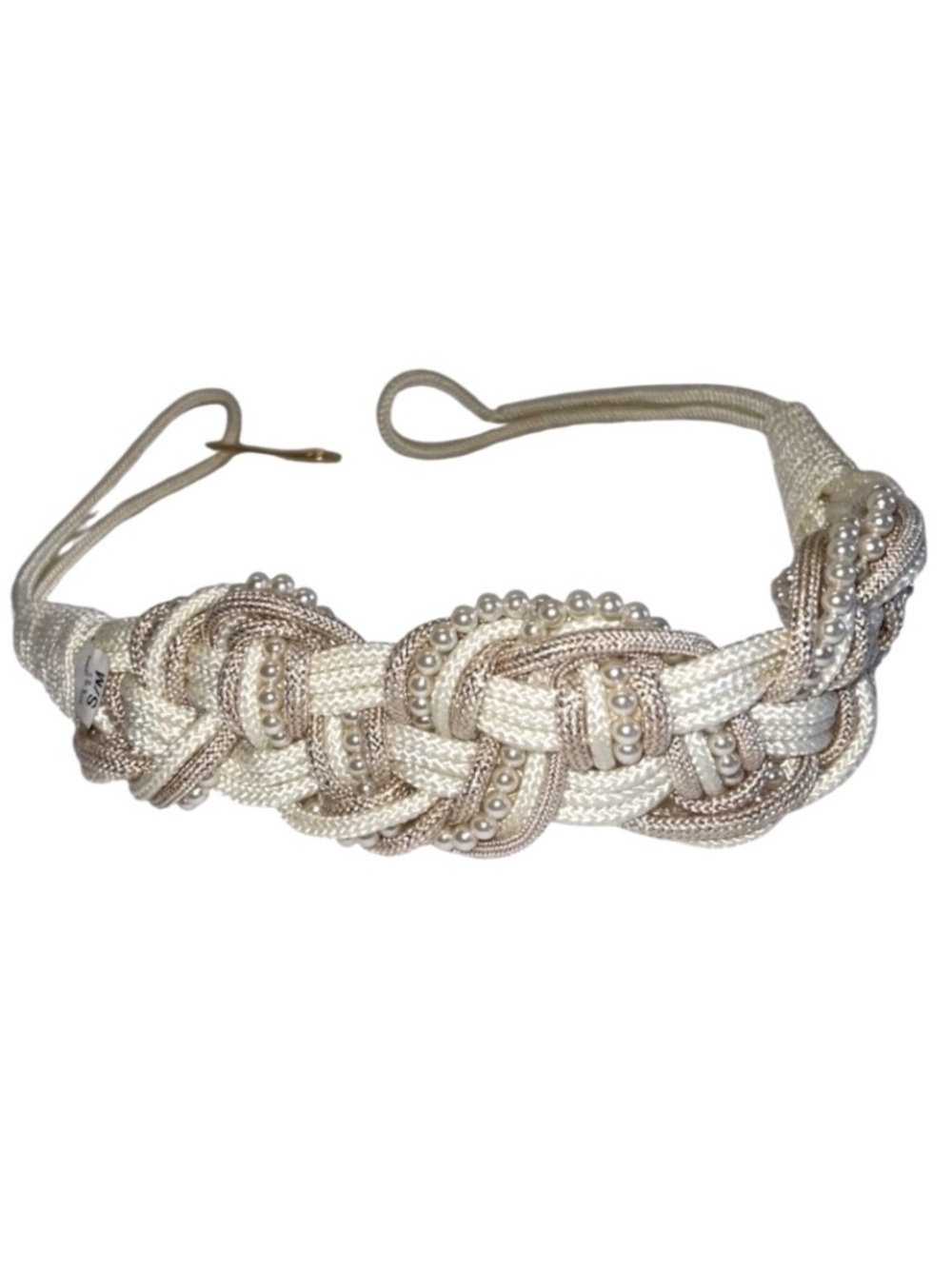 Vintage Braided Woven Rope Cord Belt in Cream and Beige with Pearl Accents XL
